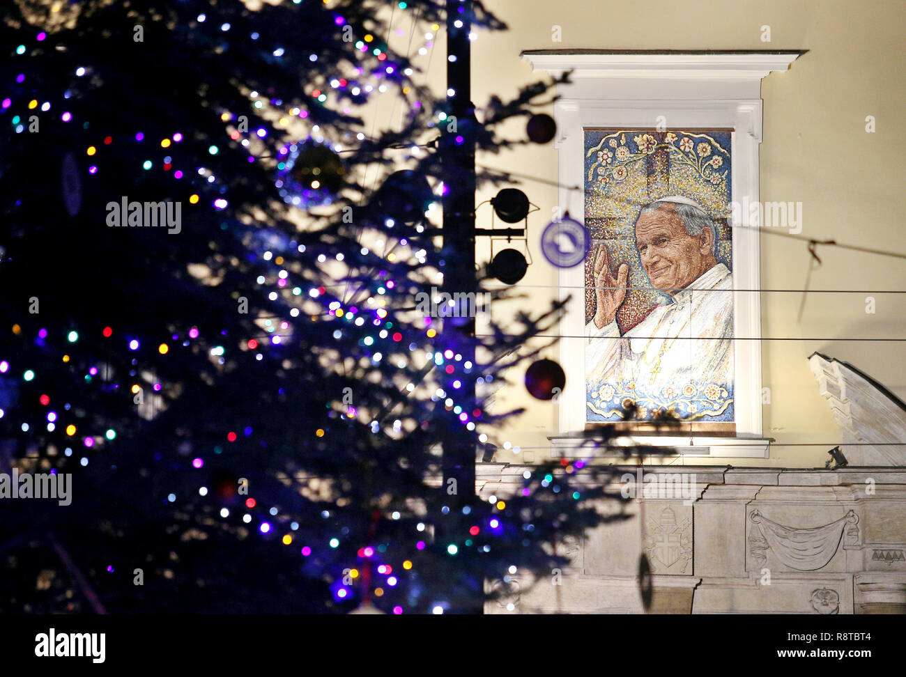 Christmas tree in front of the Papal window (the one John Paul II always) spoke to the crowds that gathered to see him at the Bishop's Palace on December 15, 2018 in Krakow, Poland. Stock Photo