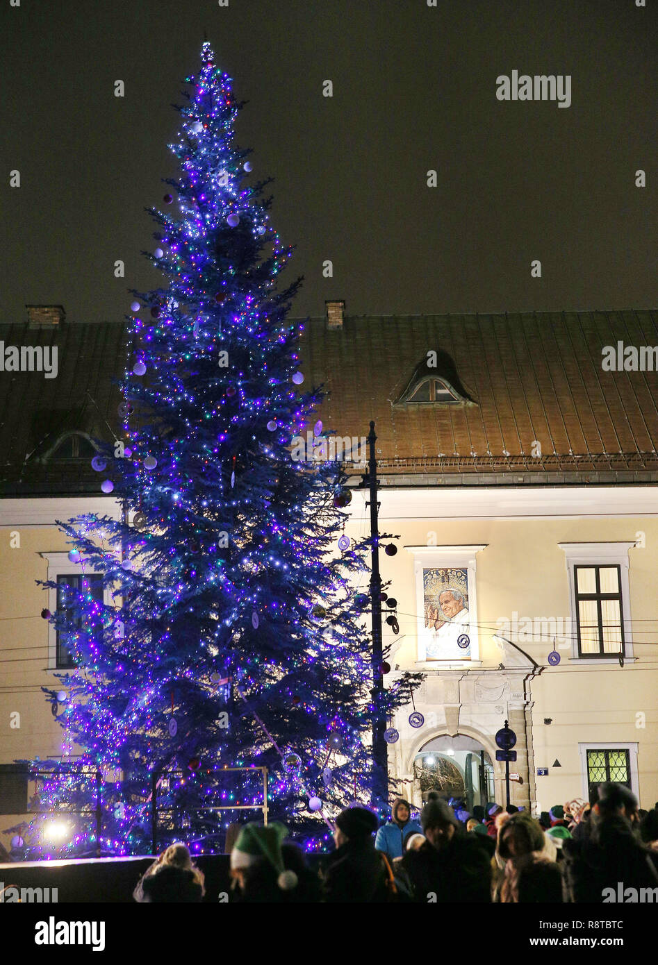 Christmas tree in front of the Papal window (the one John Paul II always) spoke to the crowds that gathered to see him at the Bishop's Palace on December 15, 2018 in Krakow, Poland. Stock Photo