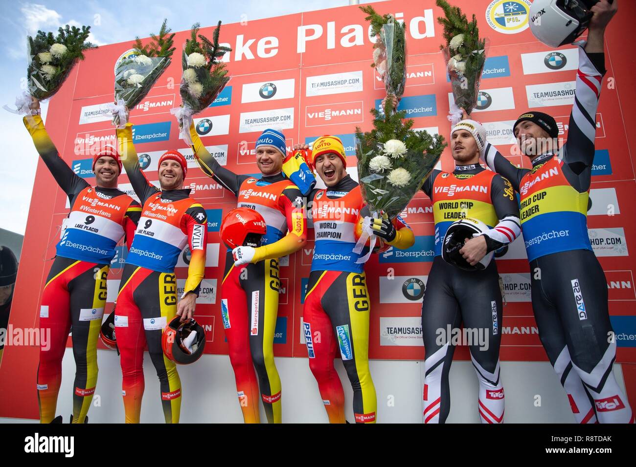 Tobias Wendl and Tobias Arlt of Germany, Toni Eggert and Sascha Benecken of Germany, and Thomas Steu and Lorenz Koller of Austria after the World Cup Luge doubles event at Mt. Van Hoevenberg on  Saturday, December 15, 2018, in Lake Placid, New York. | usage worldwide Stock Photo