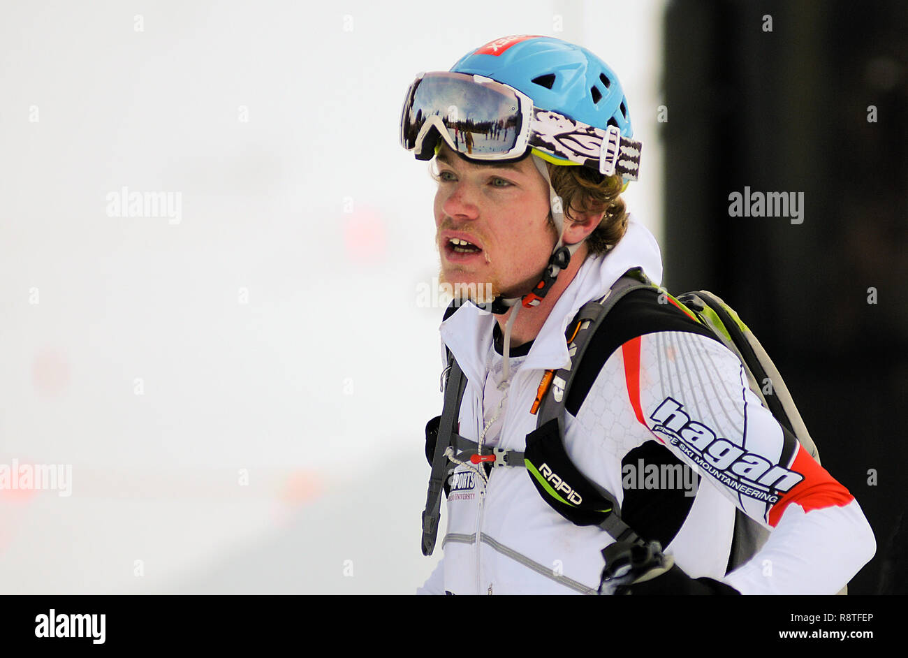 December 15, 2018: Western Colorado State University freshman, Jacob Dewy, following his U20 victory in the difficult United States Ski Mountaineering Association's Individual Race. Arapahoe Basin Ski Area, Dillon, Colorado. Stock Photo