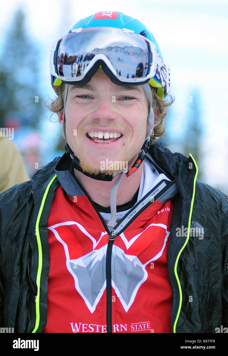 December 15, 2018: Western Colorado State University freshman, Jacob Dewy, following his U20 victory in the difficult United States Ski Mountaineering Association's Individual Race. Arapahoe Basin Ski Area, Dillon, Colorado. Stock Photo
