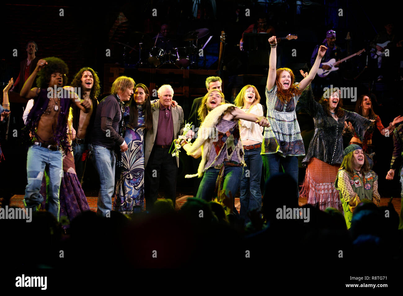 ***FILE PHOTO*** Hair Composer Galt MacDermot Has Passed Away featured cast members Megan Lawrence, Darius Nichols, Kacie Sheik, Sasha Allen, Gavin Creel, Will Swenson, Caissie Levy & Bryce Ryness with James Rado, Diane Paulus & Galt MacDermot during the Opening Night Performance Curtain Call for HAIR: THE AMERICAN TRIBAL LOVE-ROCK MUSICAL at the Al Hirschfeld Theatre in New York City. March 31, 2009 Credit: Walter McBride/MediaPunch Stock Photo