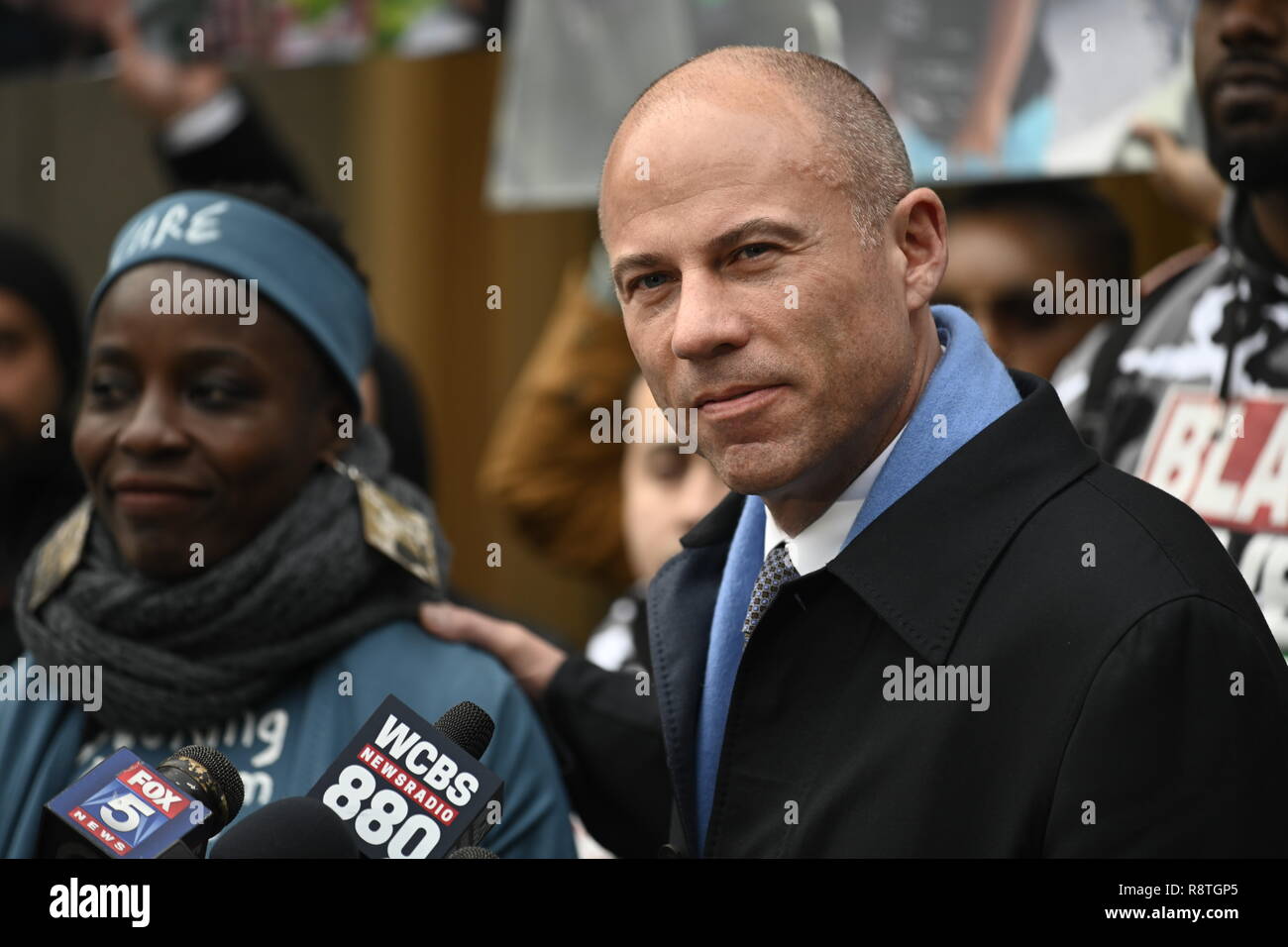 New York, USA. 17th Dec, 2018. New York, U.S., 17 December 2018 Michael Avenatti, one of Statue of Liberty climber Patricia Okoumou's attorneys, speaks outside federal court following her conviction by a federal magistrate judge on misdemeanor charges of trespassing, disorderly conduct, and interfering with the functioning of government for her act of civil disobedience on July 4. Okoumou climbed the base of the statue to protest against Trump administration immigration policies. She is to be sentenced on March 5, 2019. Credit: Joseph Reid/Alamy Live News Stock Photo