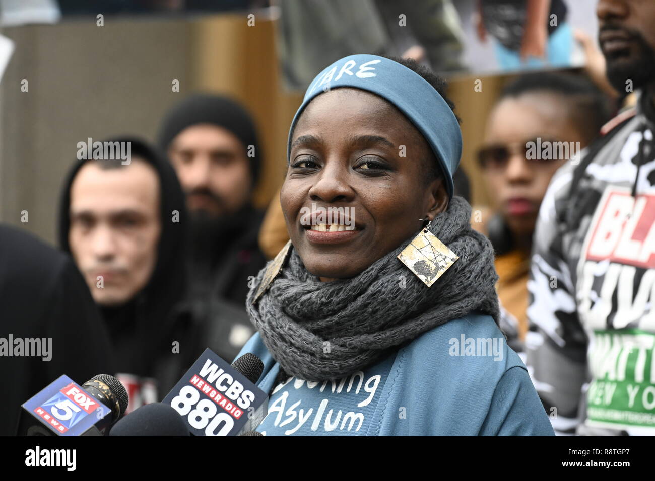 New York, USA. 17th Dec, 2018. New York, U.S., 17 December 2018 Statue of Liberty climber Patricia Okoumou speaks outside federal court following her conviction by a federal magistrate judge on misdemeanor charges of trespassing, disorderly conduct, and interfering with the functioning of government for her act of civil disobedience on July 4. Okoumou climbed the base of the statue to protest against Trump administration immigration policies. She is to be sentenced on March 5, 2019. Credit: Joseph Reid/Alamy Live News Stock Photo