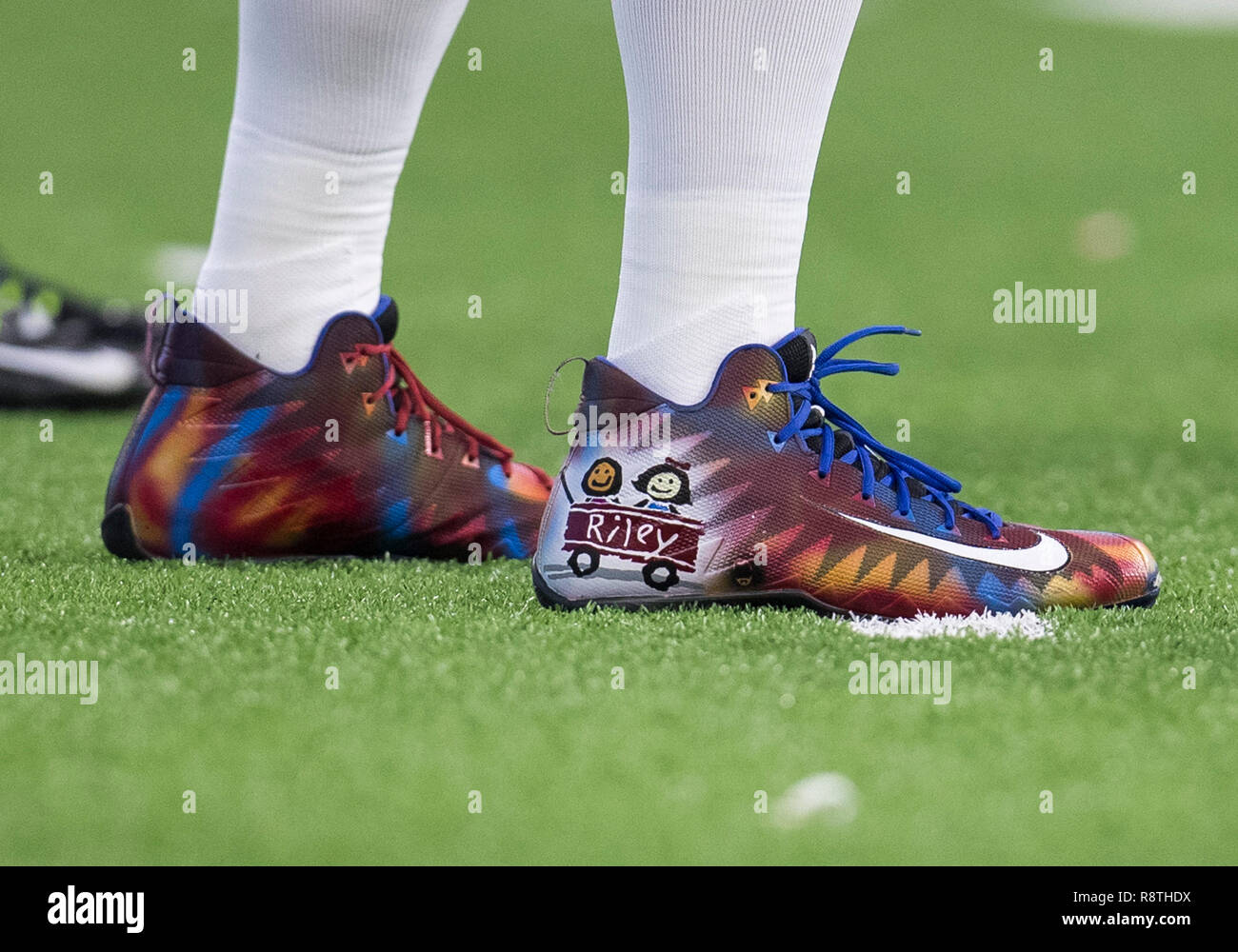 Indianapolis, Indiana, USA. 16th Dec, 2018. Indianapolis Colts quarterback Andrew Luck (12) my cause, my cleats for Riley Children's Hospital during NFL football game action between the Dallas Cowboys and the Indianapolis Colts at Lucas Oil Stadium in Indianapolis, Indiana. Indianapolis defeated Dallas 23-0. John Mersits/CSM/Alamy Live News Stock Photo