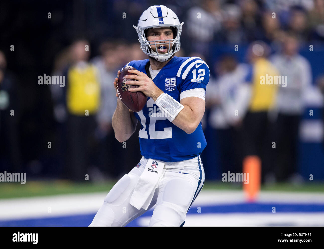 Indianapolis, Indiana, USA. 16th Dec, 2018. Indianapolis Colts quarterback Andrew Luck (12) passes the ball during NFL football game action between the Dallas Cowboys and the Indianapolis Colts at Lucas Oil Stadium in Indianapolis, Indiana. Indianapolis defeated Dallas 23-0. John Mersits/CSM/Alamy Live News Stock Photo