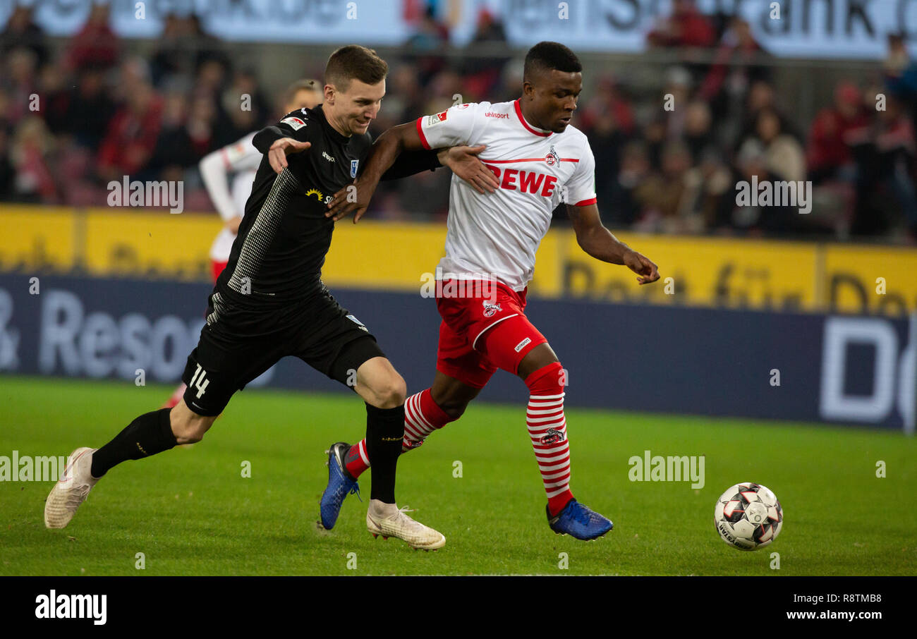 Cologne, Germany 17th December 2018, 2nd League, 1. FC Koeln vs 1. FC Magdeburg: Steffen Schaefer (Magdeburg), Jhon Cordoba (Koeln) in competition.    DFL REGULATIONS PROHIBIT ANY USE OF PHOTOGRAPHS AS IMAGE SEQUENCES AND/OR QUASI-VIDEO             Credit: Juergen Schwarz/Alamy Live News Stock Photo