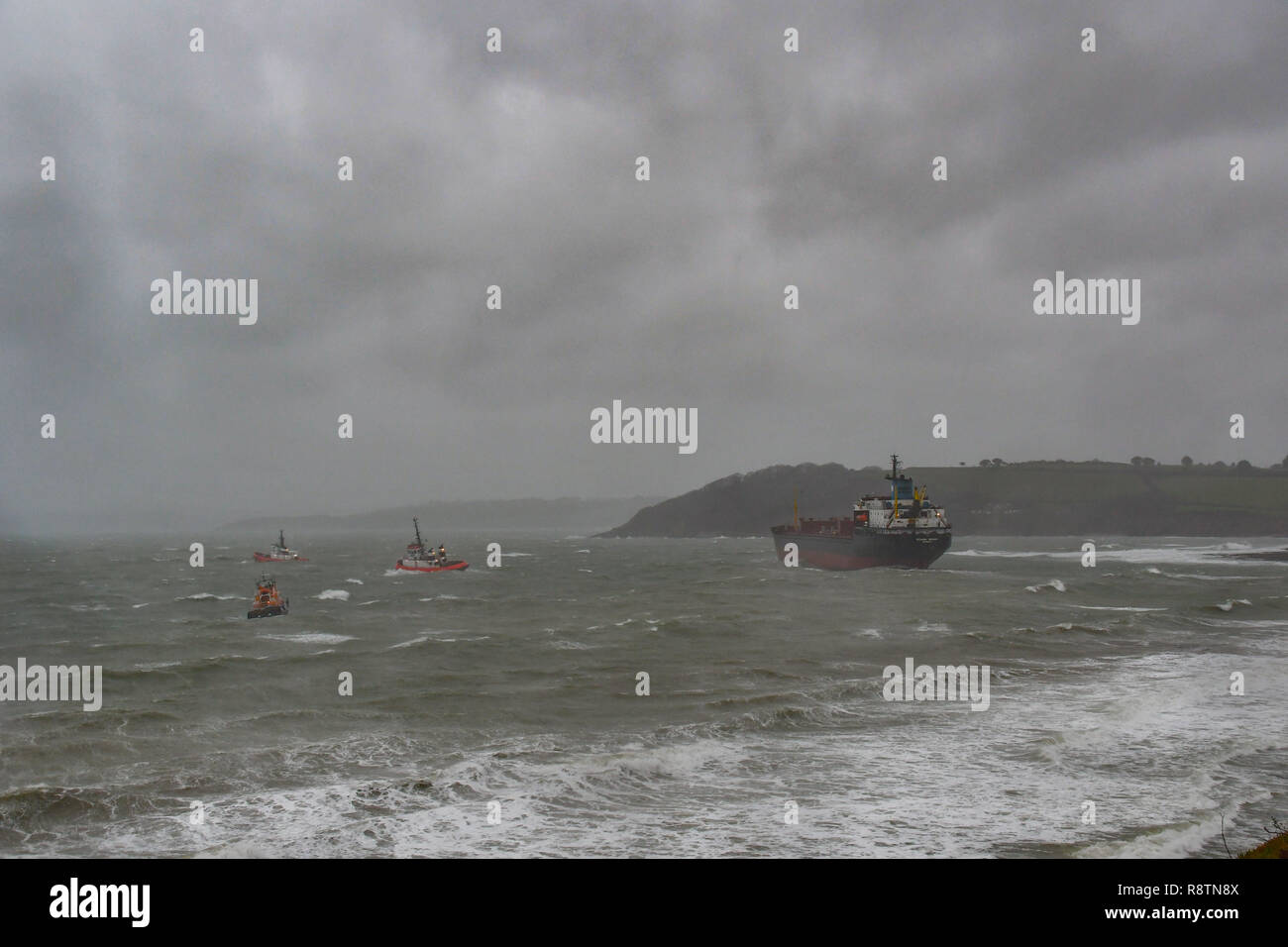Falmouth, Cornwall, UK. 18th Dec, 2018. A huge Russian tanker has run aground on a beach at Falmouth early this morning. Coastguards have closed roads in the area as they declare a major operation. 18 Russian crew man are supposed to be on board. Credit: Simon Maycock/Alamy Live News Stock Photo