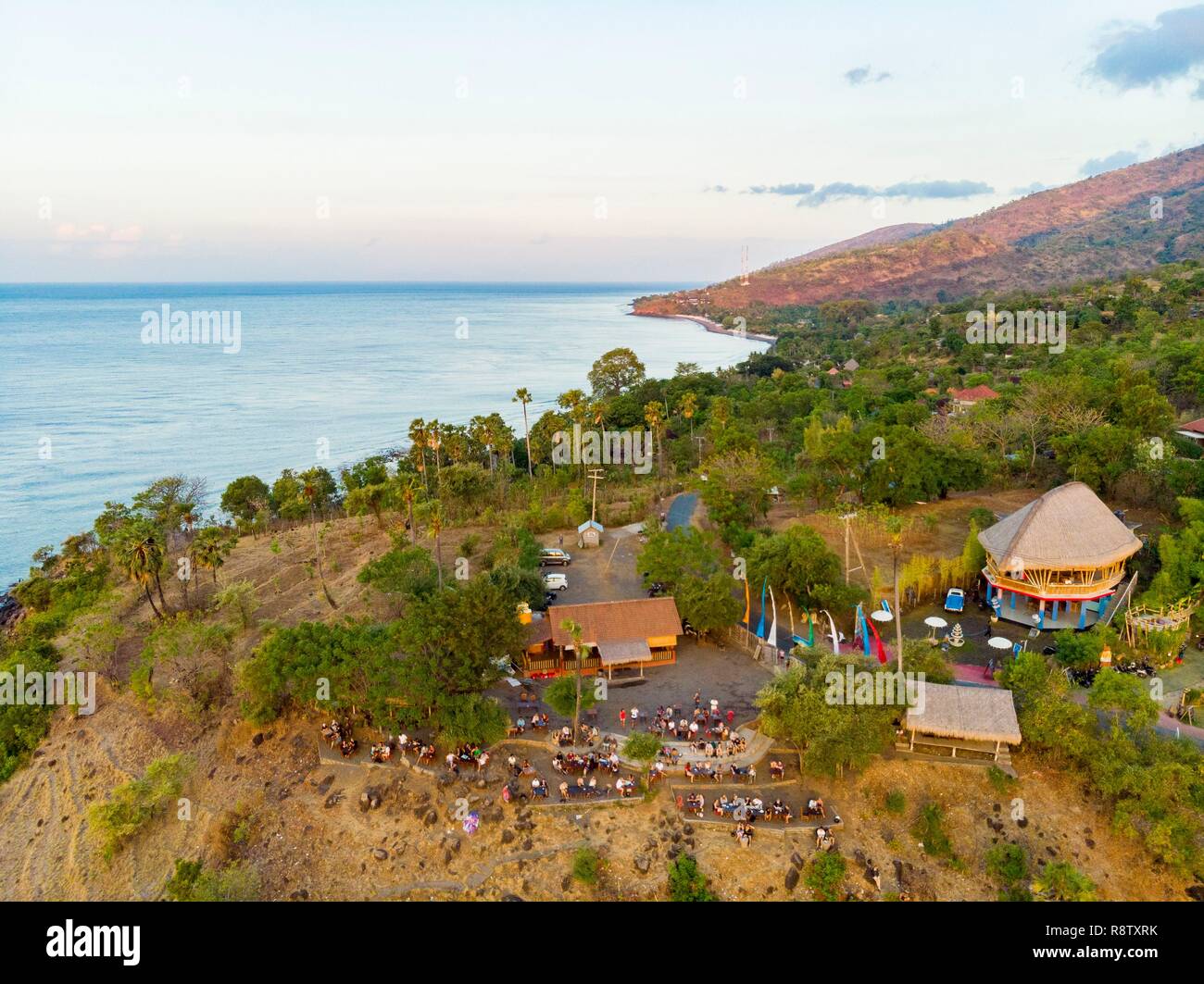 Indonesia, East Bali, Amlapura, Amed Coast, Amed Beach, Sunset (aerial view) Stock Photo