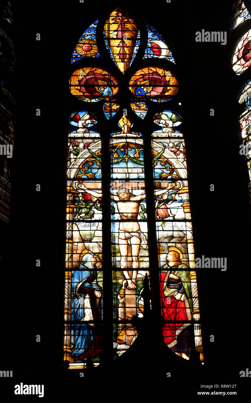 France, Gers, Auch, stop on El Camino de Santiago, St Marie Cathedral dated 15th-17th centuries, , stained glass window created by Arnaud de Moles between 1507 and 1513, crucifixion Stock Photo