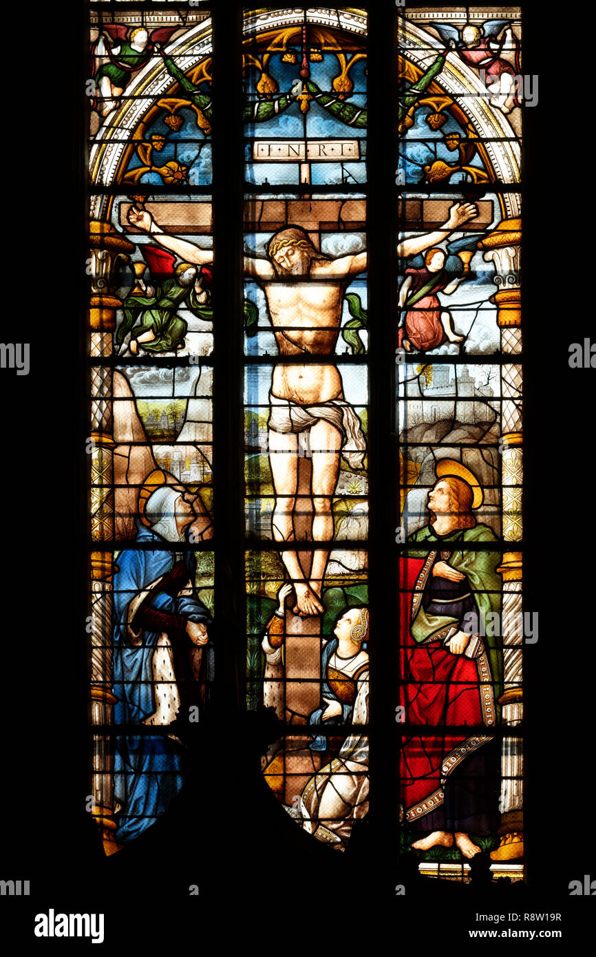 France, Gers, Auch, stop on El Camino de Santiago, St Marie Cathedral dated 15th-17th centuries, , stained glass window created by Arnaud de Moles between 1507 and 1513, crucifixion Stock Photo