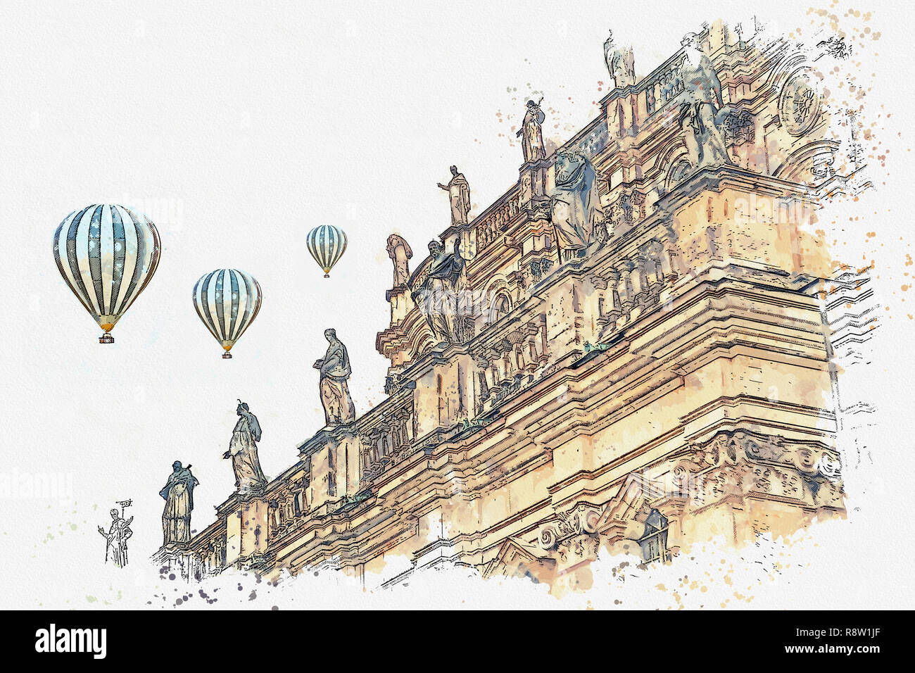 A watercolor sketch or illustration. Sculptures on the roof of an old building from the complex of the Royal Palace in Dresden, built in the 16th cent Stock Photo