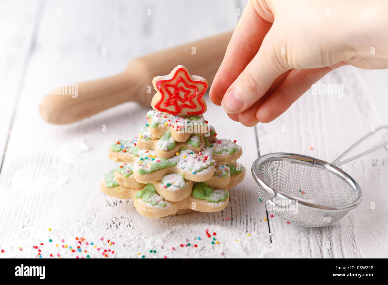 Homemade Gingerbread Cookies Christmas Trees Decorated With Icing
