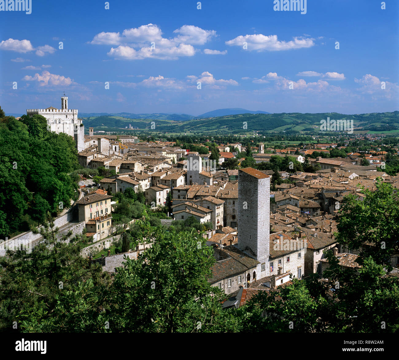 View over old town of Gubbio in June sunlight, Umbria, Italy, Europe Stock Photo