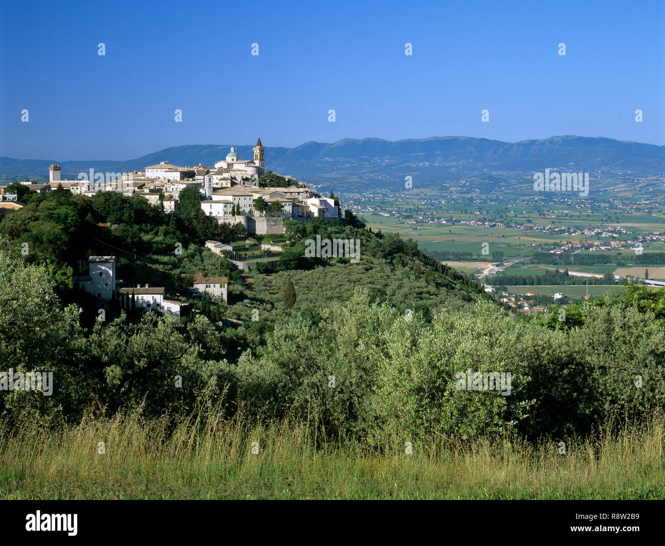 View over hill top town of Trevi with Umbrian countryside behind in May sunshine, Trevi, Umbria, Italy, Europe Stock Photo