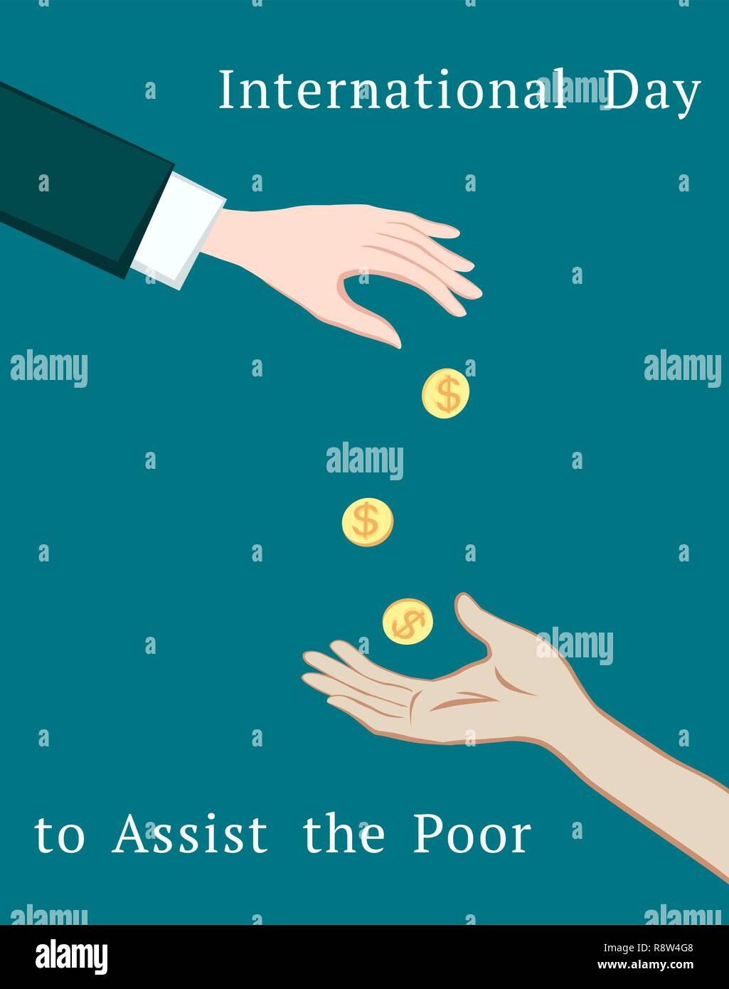 Hands Giving and Receiving coins. Assist the Poor. Stock Vector