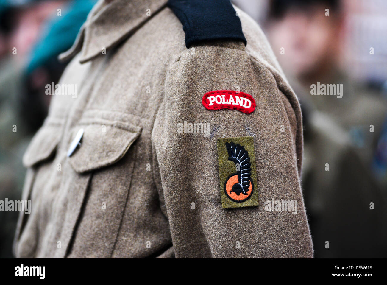 A Polish paratrooper from the Second World War, a patch on a military uniform, a Polish emblem. Stock Photo