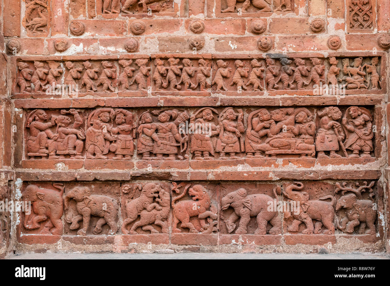 Ancient Terracotta texture on the walls of Ancient Hindu Temples at Bishnupur, India Stock Photo