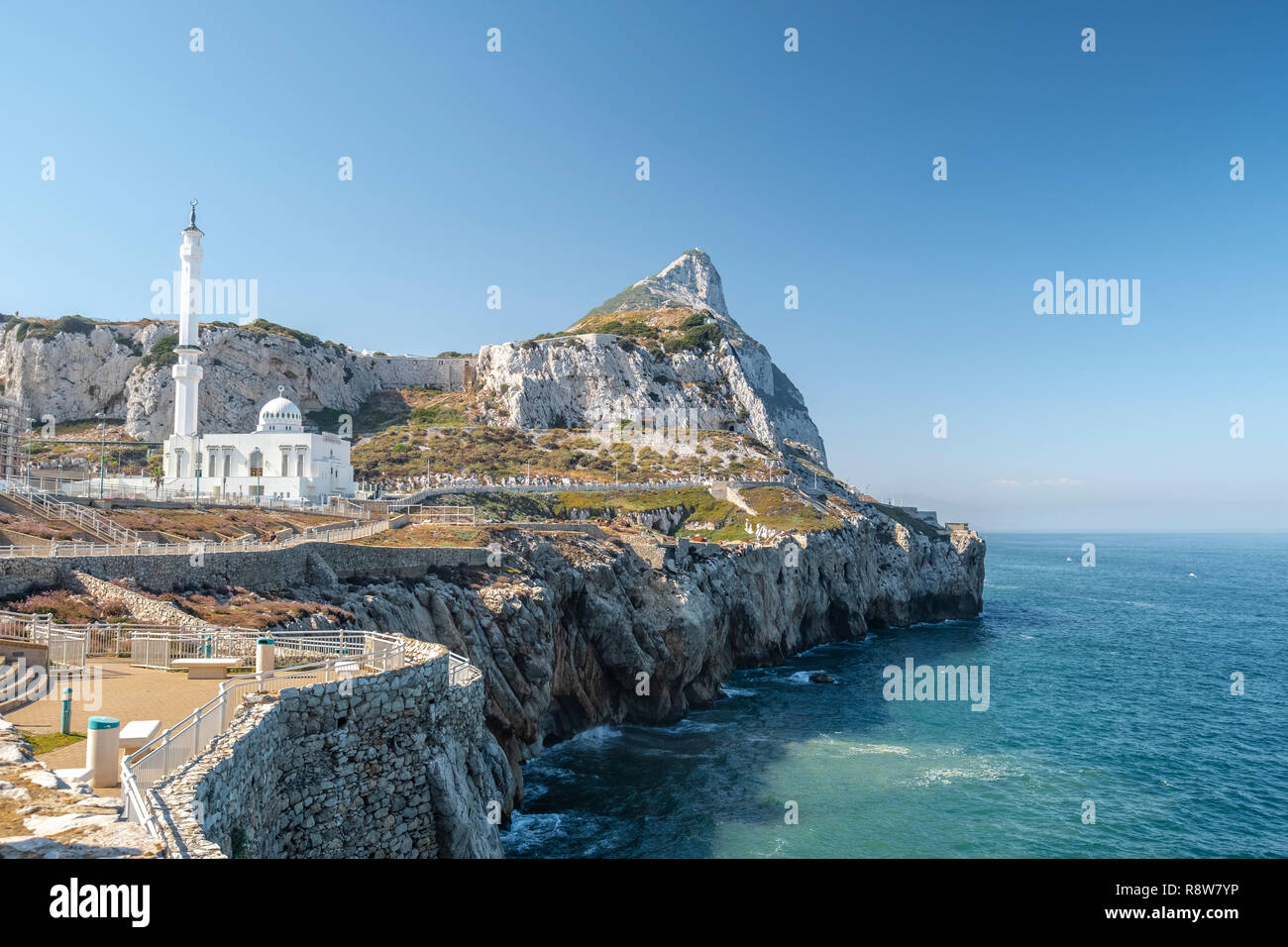 View of the Rock of Gibraltar and the Ibrahim-al-Ibrahim Mosque from Europa Point Stock Photo