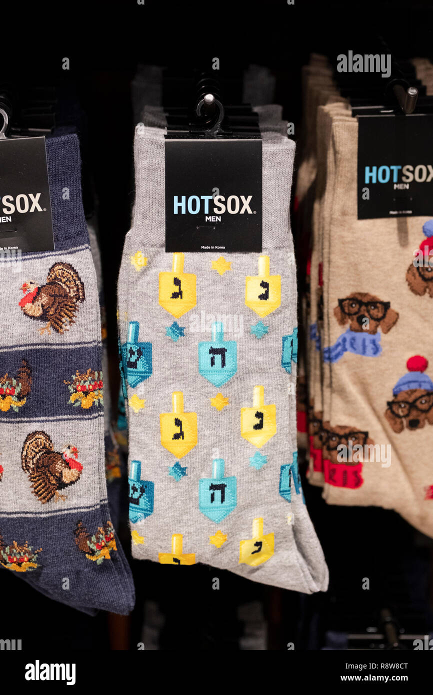 Hot Socks brand Hanukkah men's socks for sale at Macy's, Herald Square, New York City, Stock Photo