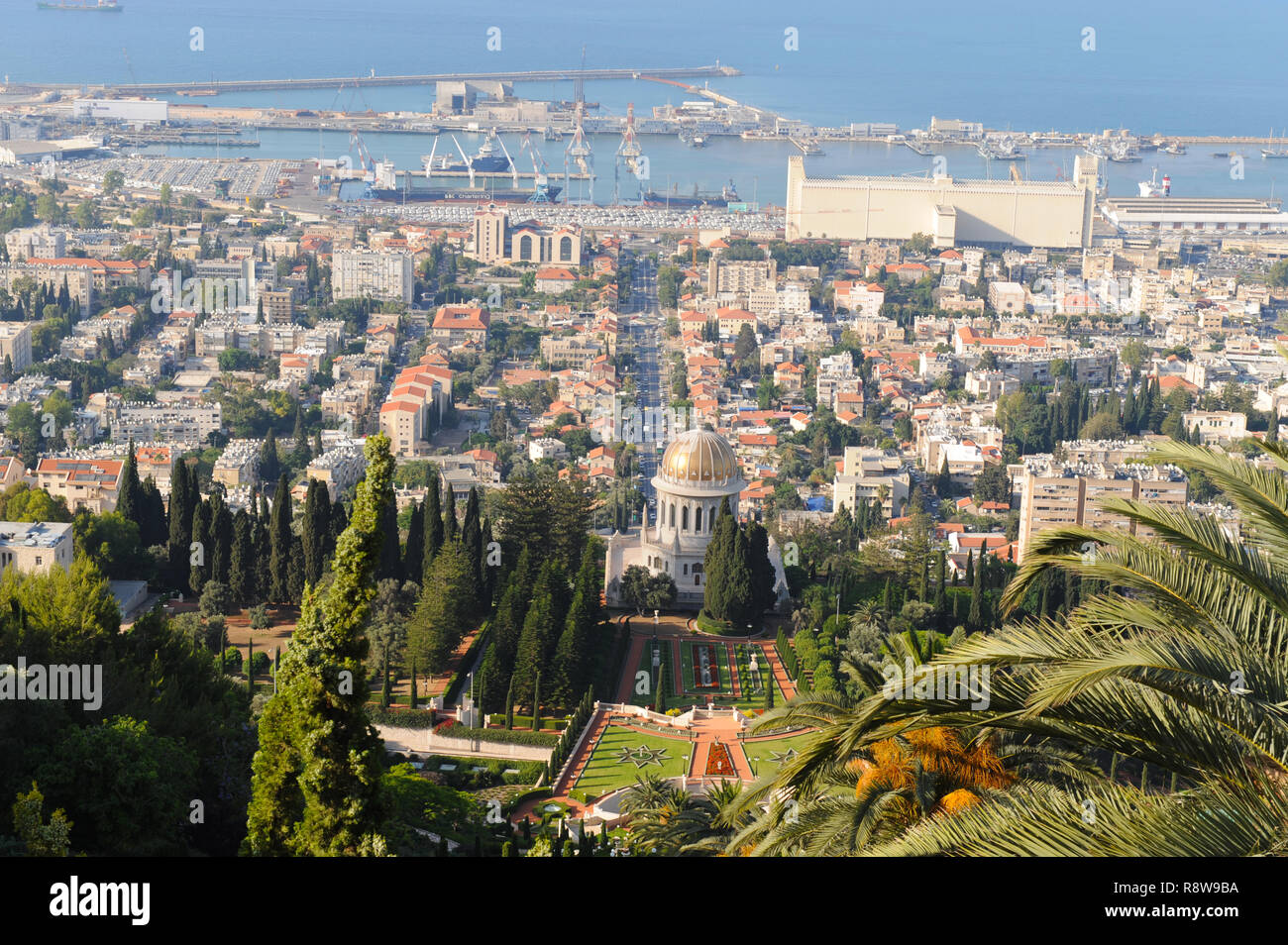 Gorgeous landscape of ancient historical Haifa port city in northern Israel on slopes of Carmel Mountain and Mediterranean Sea. Stock Photo