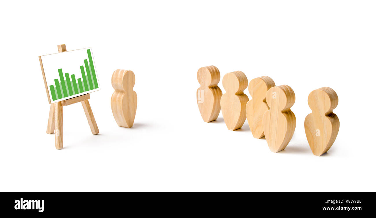 Wooden figures of people stand in the formation and listen to their leader. Business training, briefing and inspirational speech. Employee reports to  Stock Photo