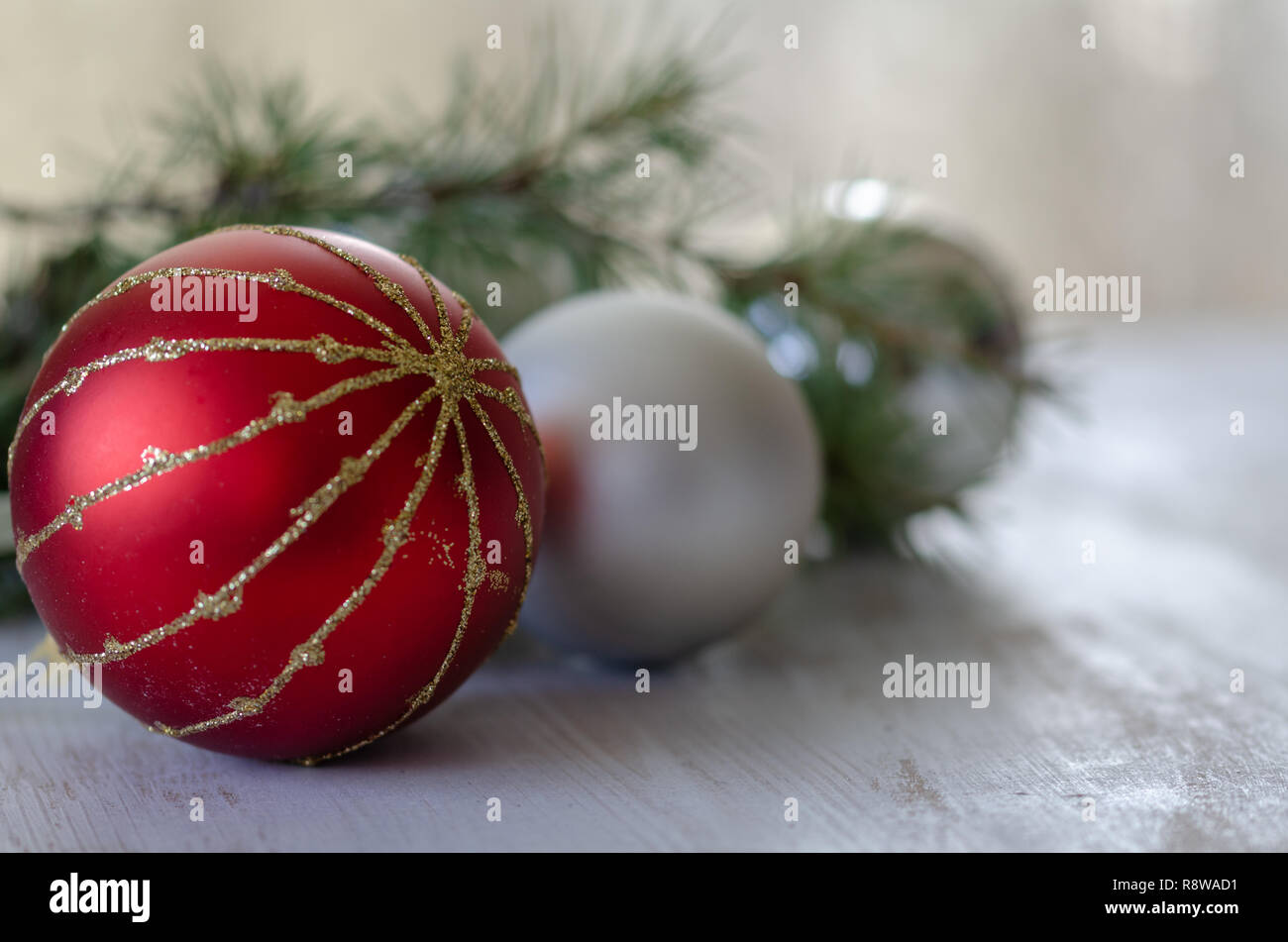 Silver and silver  christmas balls are blurred background. Stock Photo