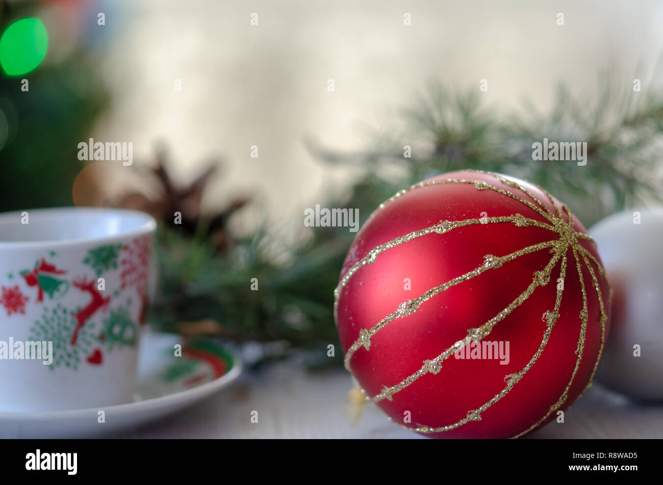 Silver and silver  christmas balls are blurred background. Stock Photo