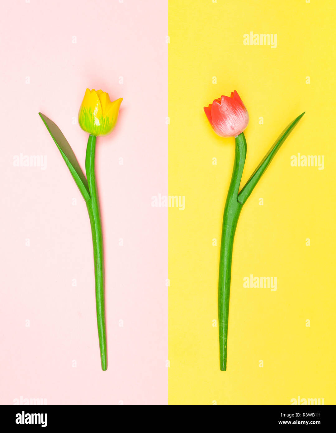 Wooden tulips contrasted with the background color. Flat lay Photography. Stock Photo