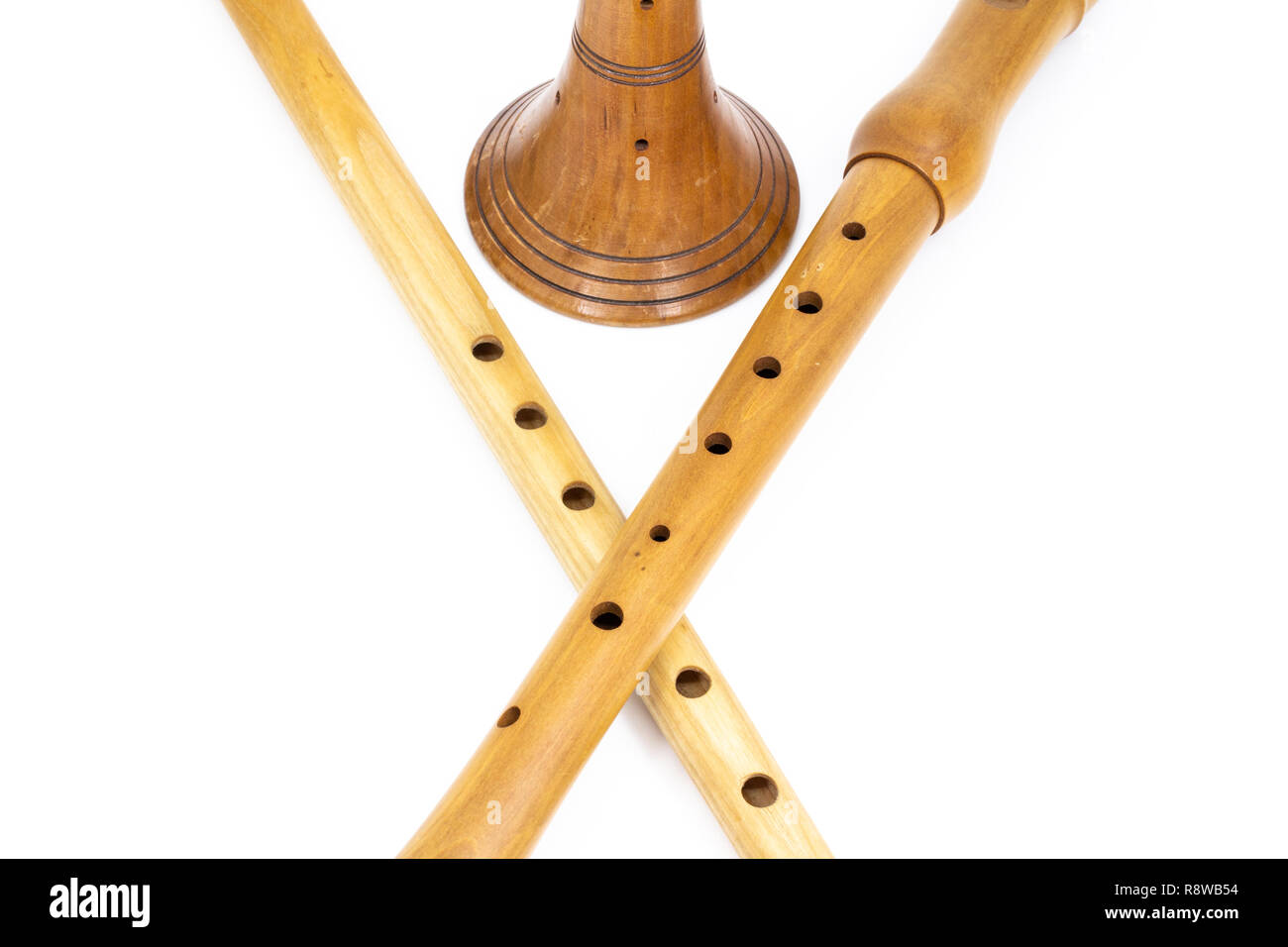 Three woodwinds together - hungarian six-hole fute, baroque recorder,  zurna, isolated on white Stock Photo - Alamy