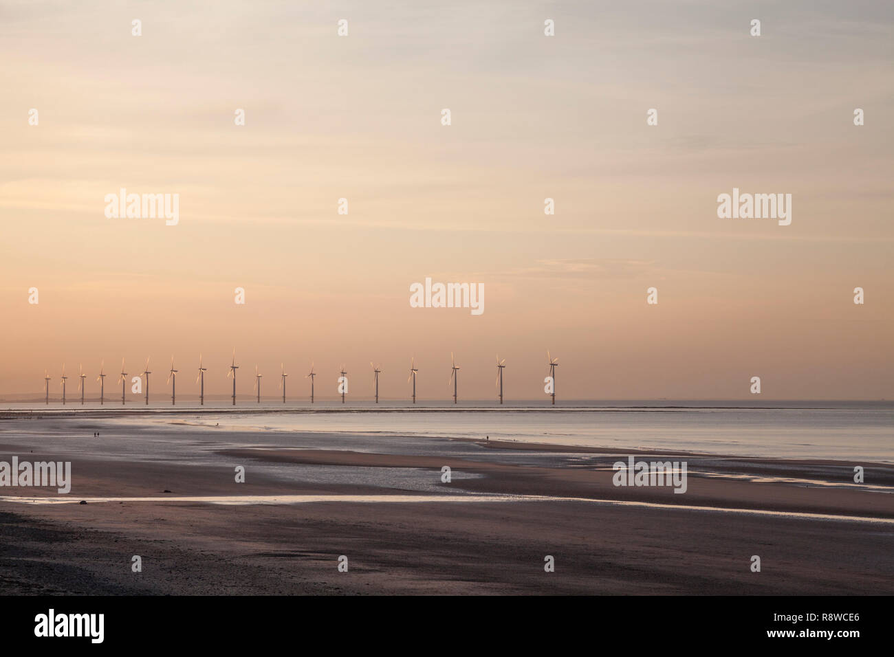 The wind farm at Redcar, Teesside, photographed at dusk. Stock Photo