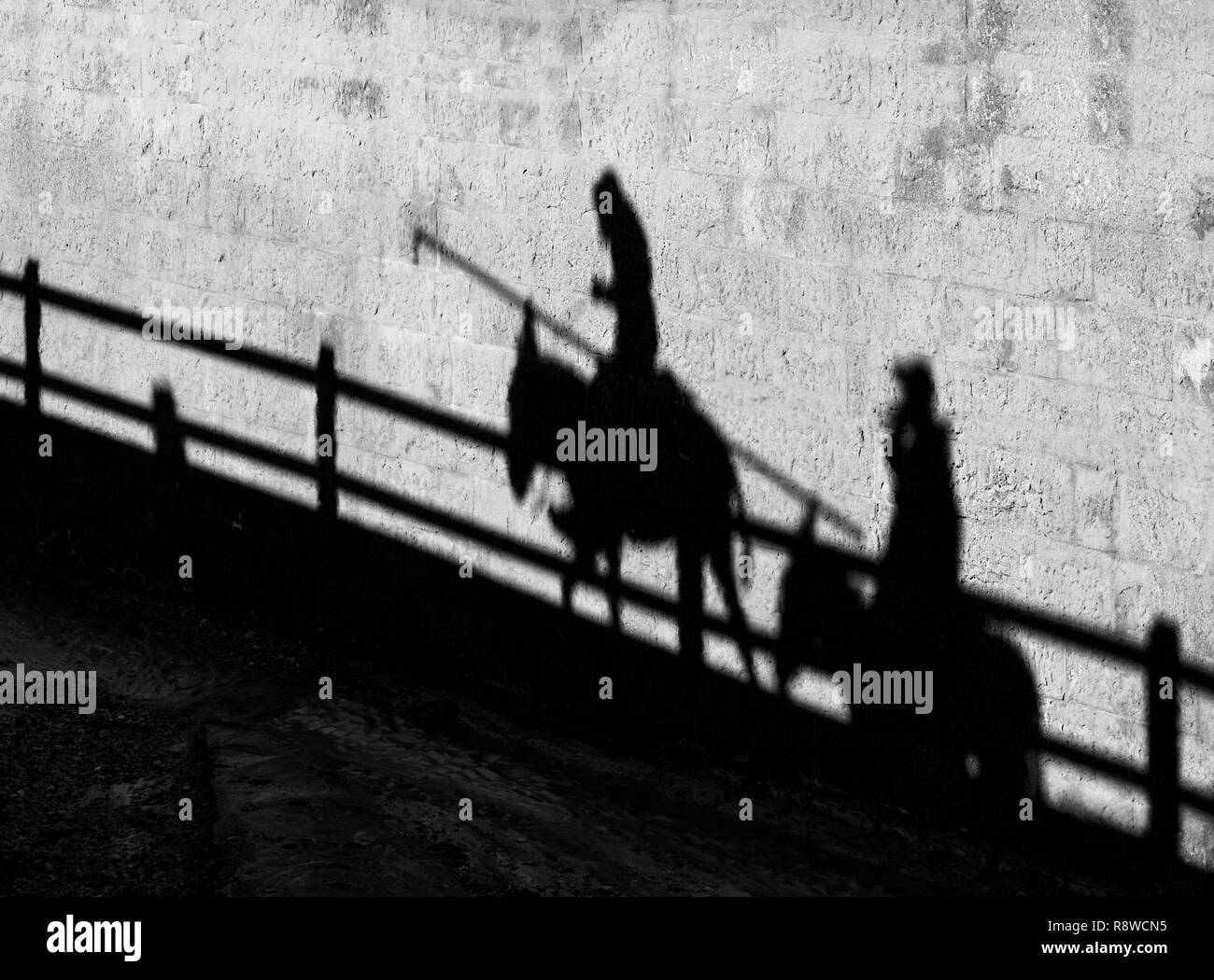 Silhouette of people riding the donkeys in Petra, Jordan. Black and white photo.Silhouette of people on on a horses.Silhouettes men and horses Stock Photo
