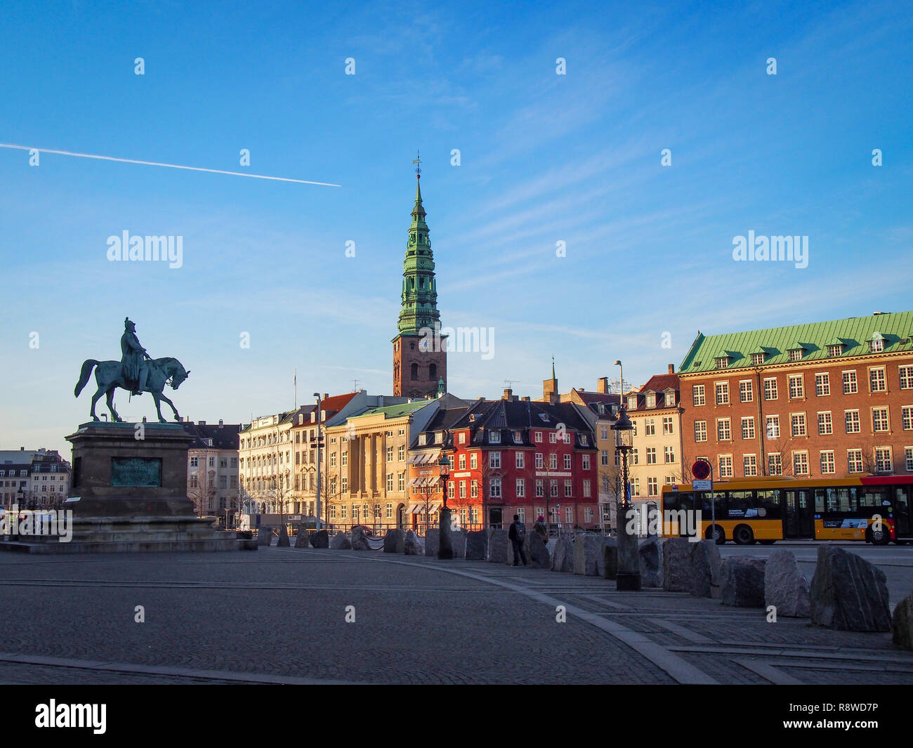 COPENHAGEN, DENMARK-APRIL 10, 2016: Equestrian bronze statue of King Frederik VII by Herman Wilhelm Bissen in front of Christiansborg on Slotsholmen i Stock Photo