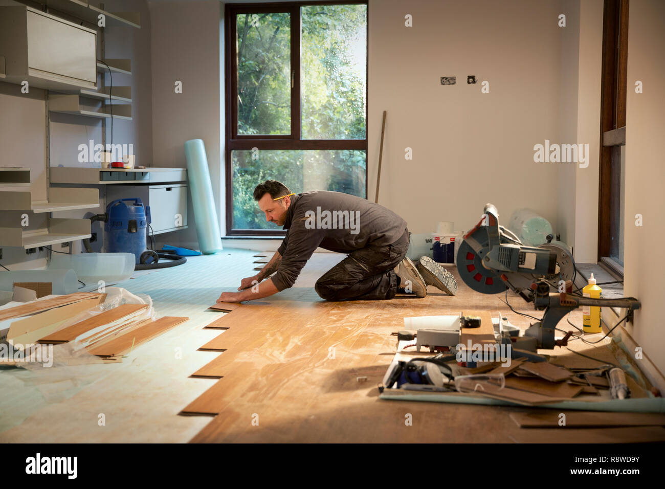 Construction worker laying hardwood flooring in house Stock Photo