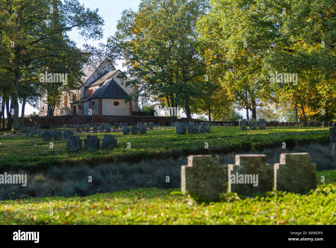 War memorial cemetery of WW I and WW II, village church, Kastel-Staadt, Trier-Saarburg, Rhineland-Palantine, Germany, Europe Stock Photo