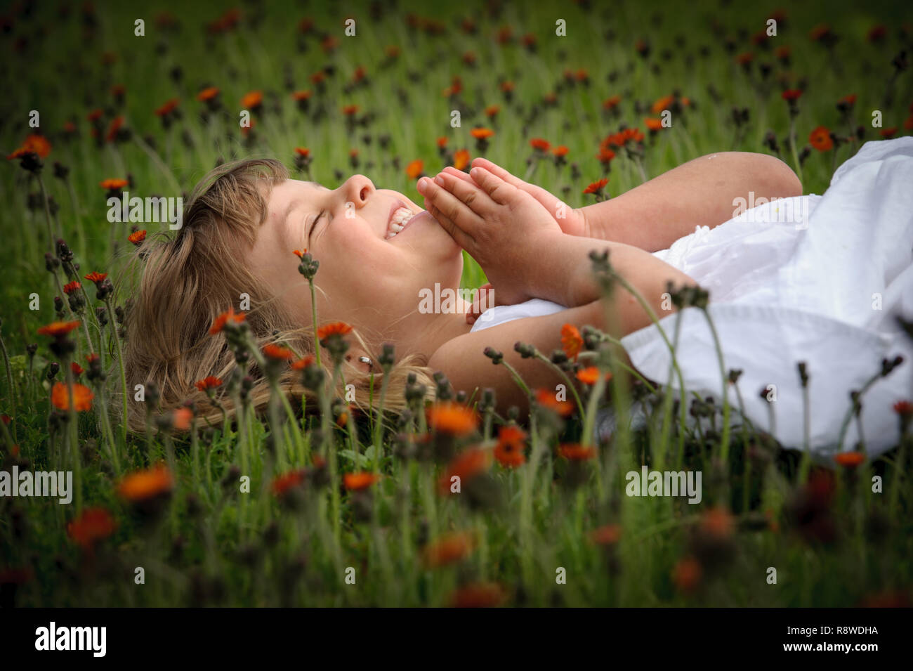 little girl praying on an orange flower carpet Stock Photo