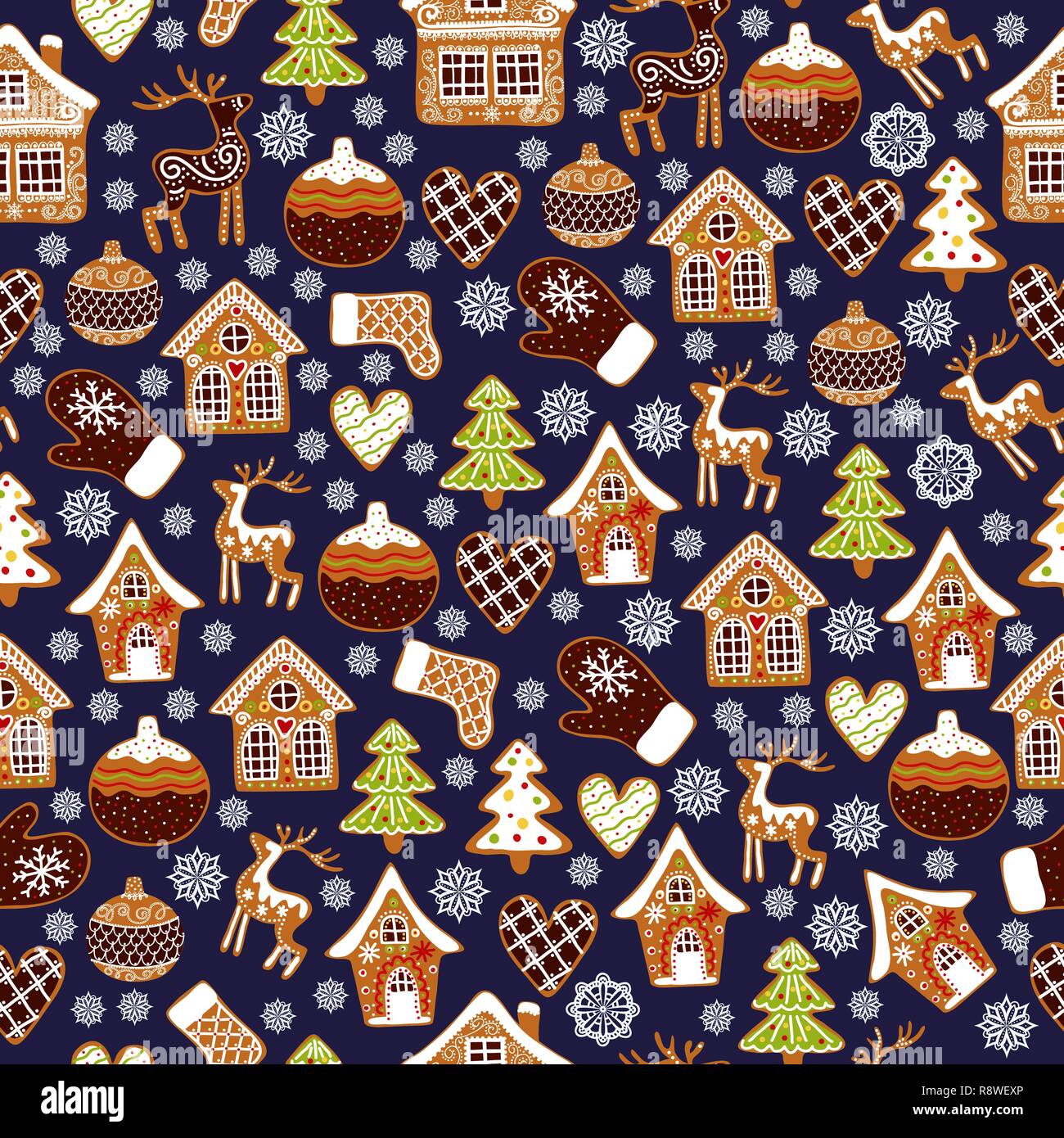 Winter seamless patterns with gingerbread cookies. Holiday vector background. Stock Vector