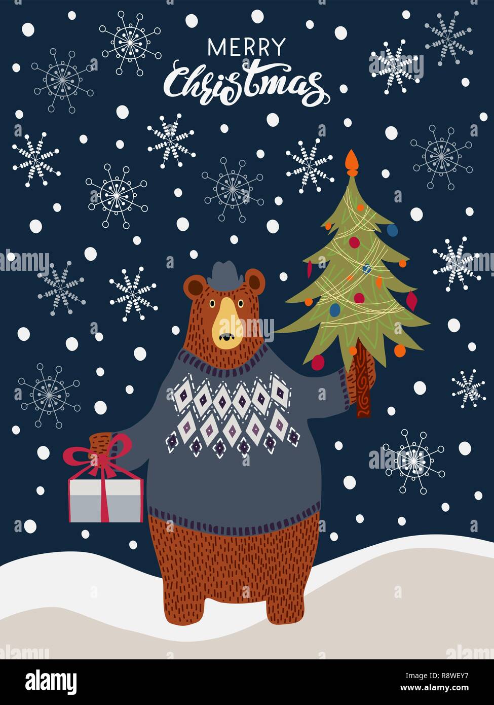 Merry Christmas. Vector doodle bear on a blue background Stock Vector