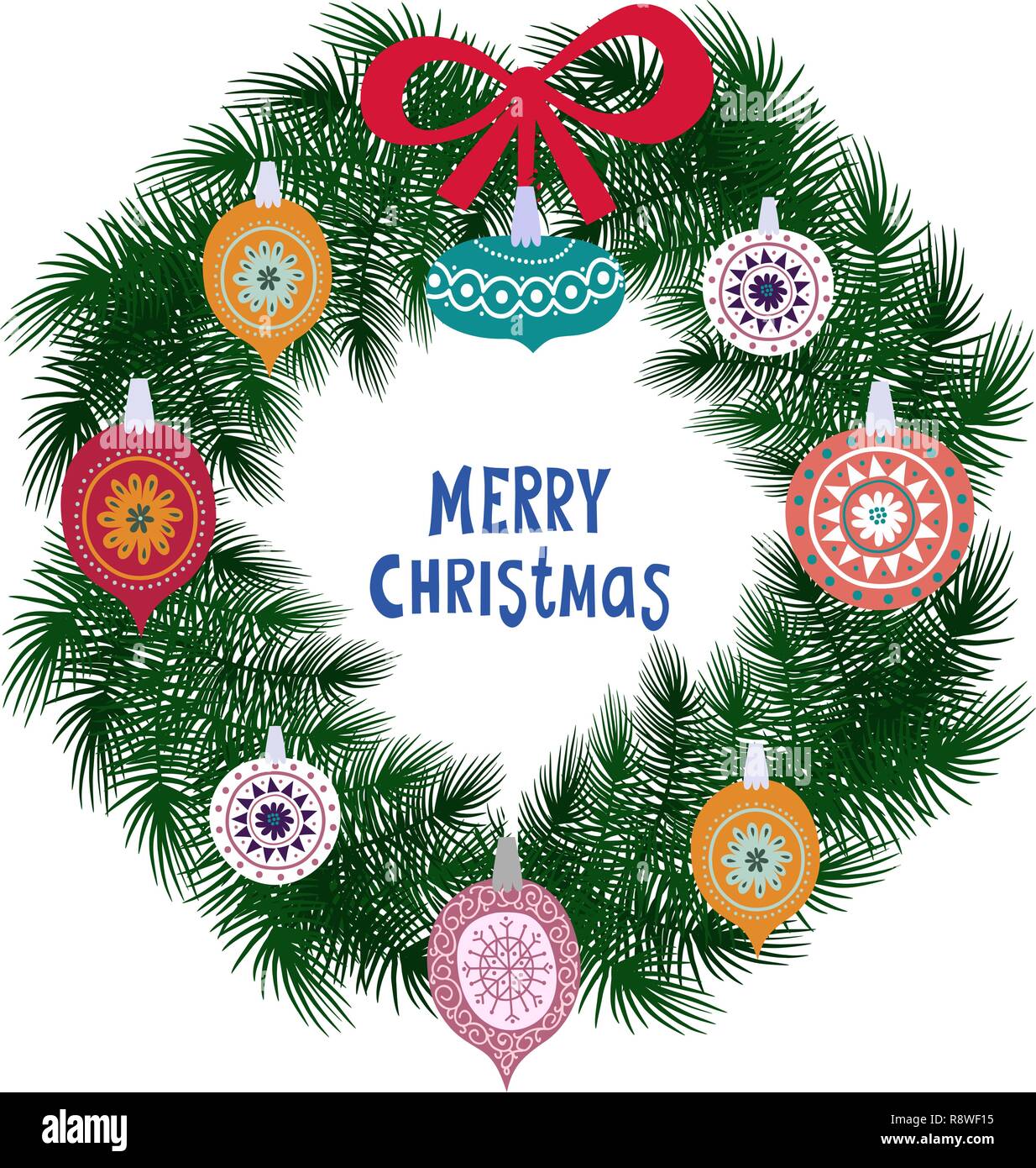 Christmas wreath with baubles and christmas tree. Vector Stock Vector