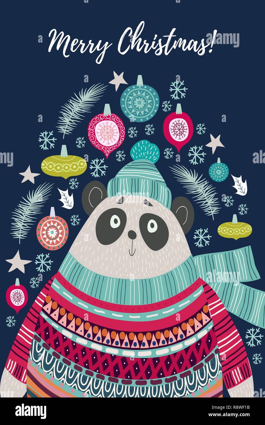Cute polar bear in a hat and a scarf. Christmas cards templates in the style of flat doodles, vector illustration Stock Vector