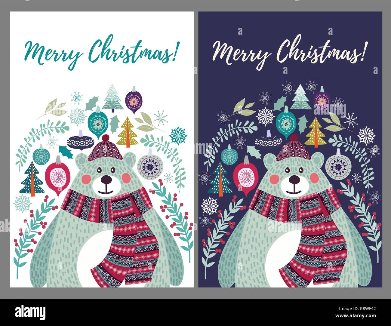 Cute polar bear in a hat and a scarf. Set of two options for Christmas cards templates in the style of flat doodles Stock Vector