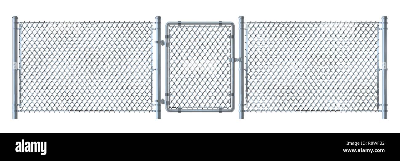 Realistic metal wire fence and gate   detailed illustration isol Stock Vector