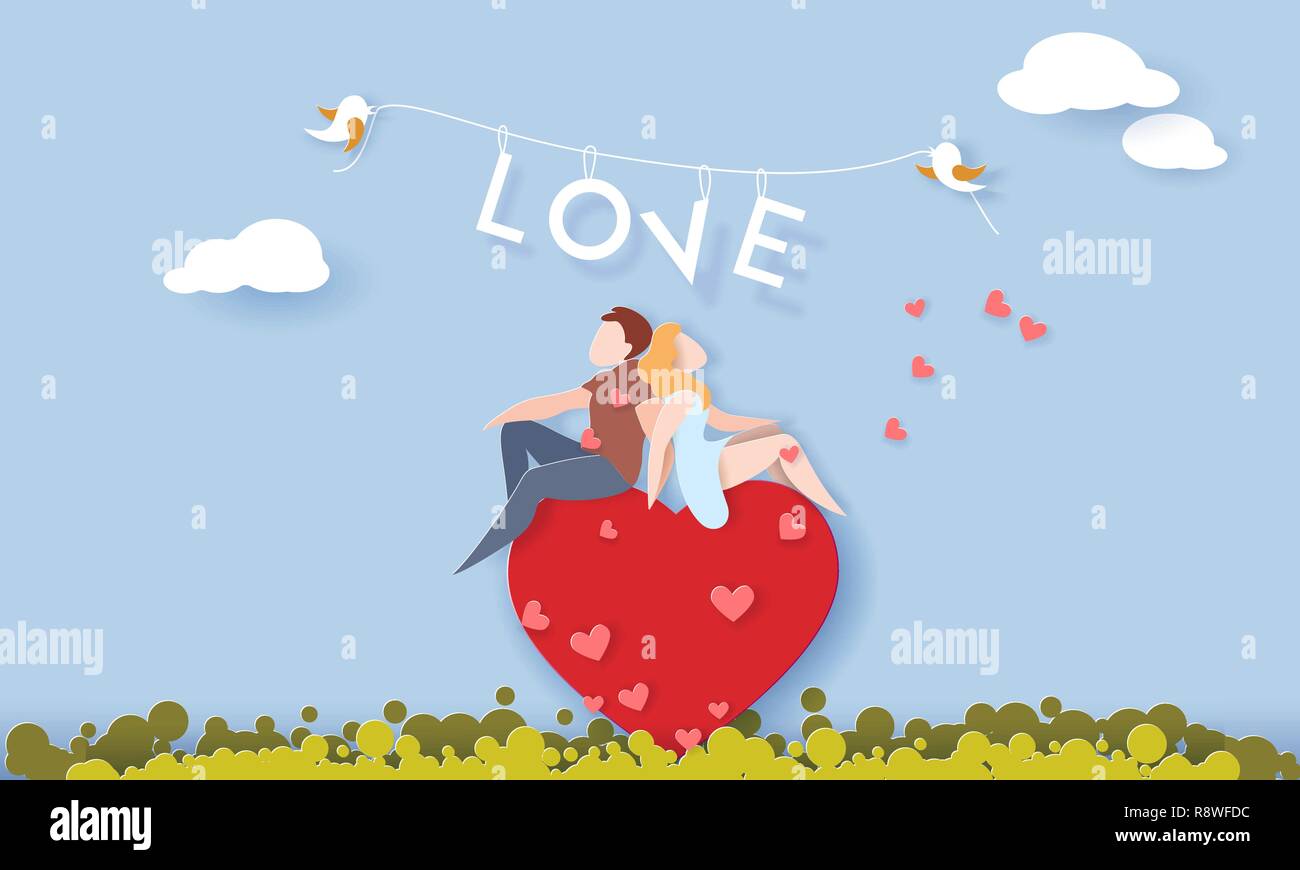 Valentines day card with couple sitting and holding hands on red heart ...