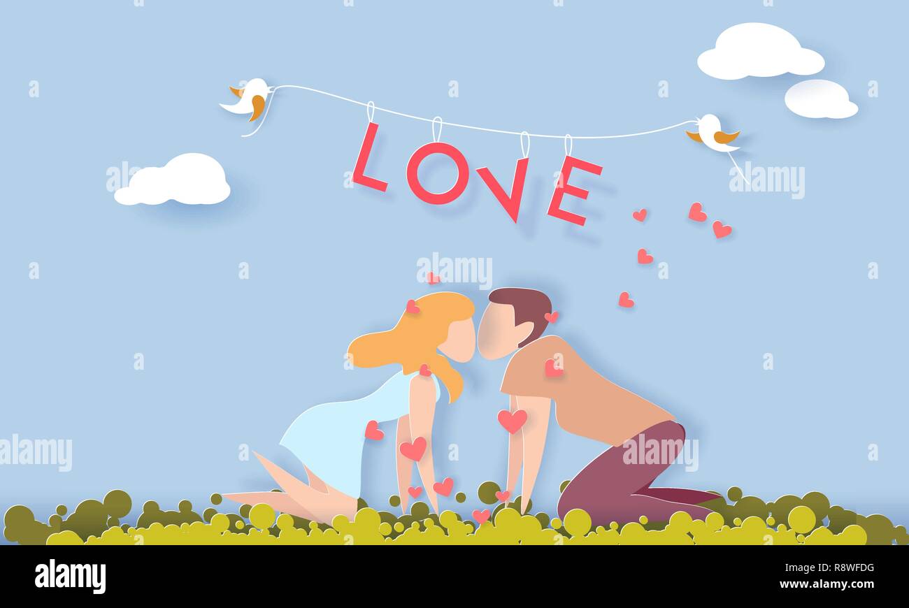 Valentines day card with couple in love kissing on green grass. Vector ...