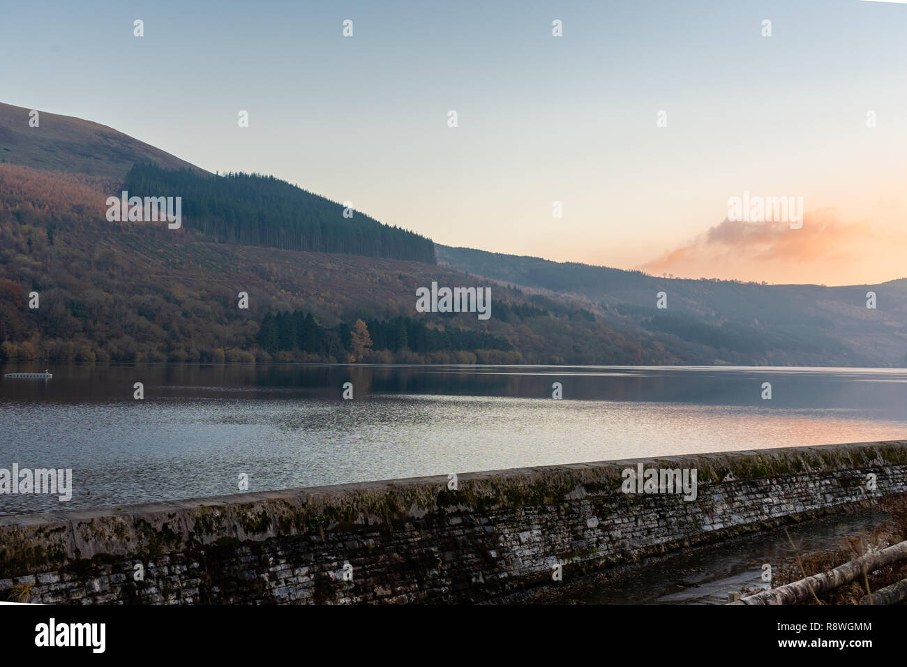 Scenic view across the Talybont Reservoir in the Brecon Beacons during evening light, Powys, Wales, UK Stock Photo