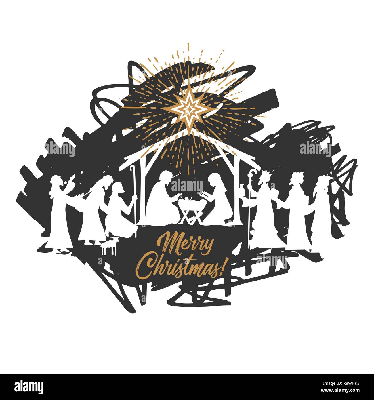 Biblical illustration. Christmas story. Mary and Joseph with the baby Jesus. Nativity scene near the city of Bethlehem. The shepherds and the wise men Stock Vector