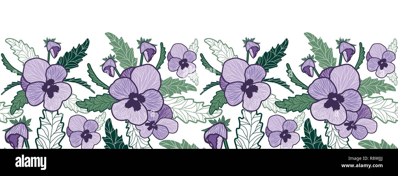 Vector horizontal seamless border with purple pansy and green leaves. Stock Vector