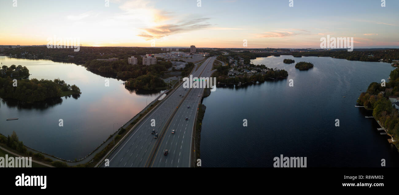 Aerial panoramic view of a Highway in the Modern City during a vibrant