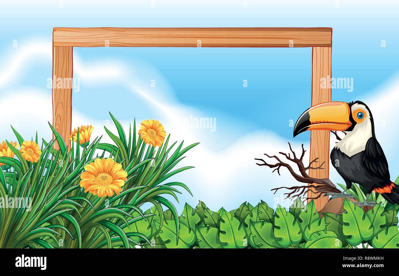 Toucan wood frame background illustration Stock Vector