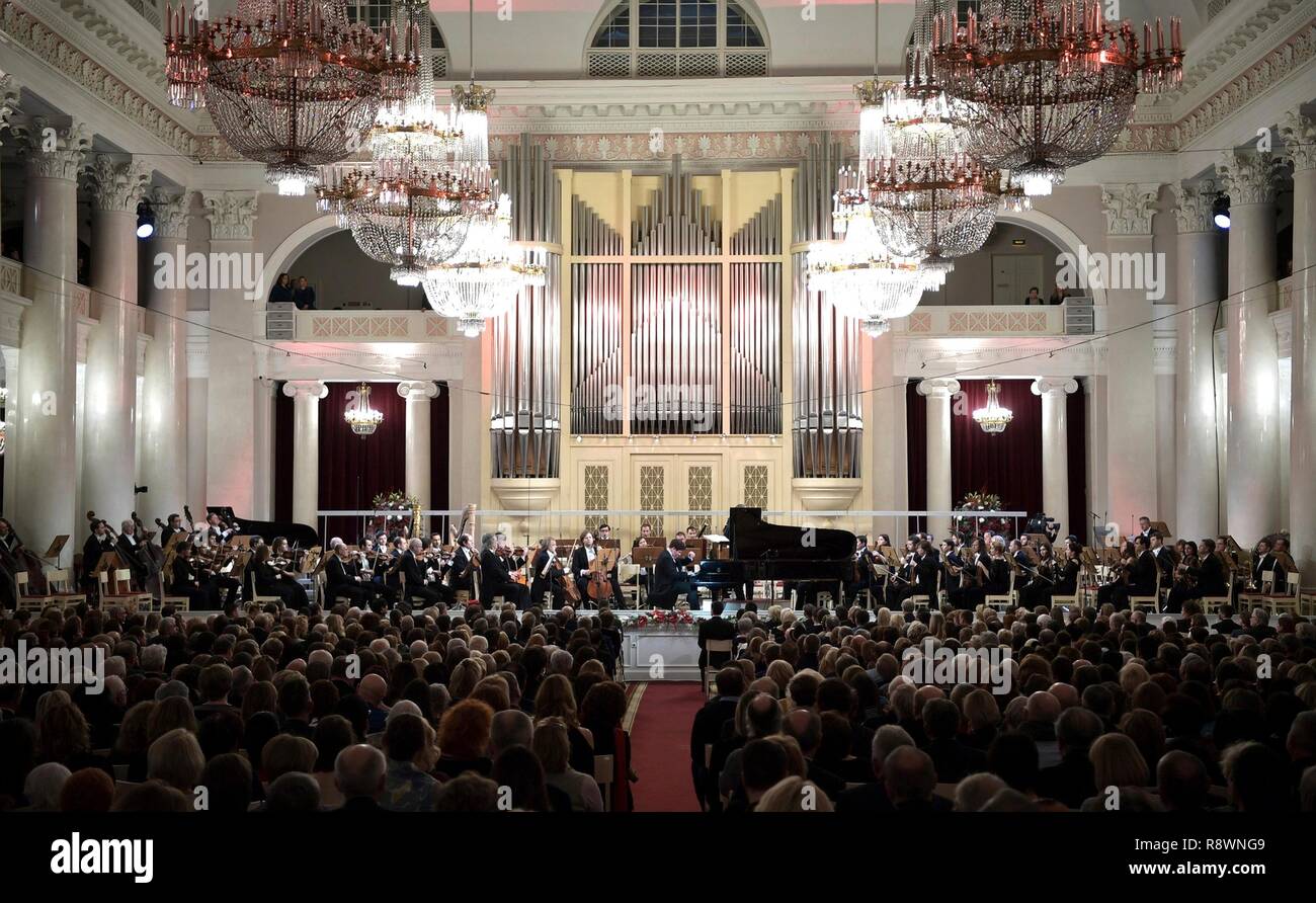 The St Petersburg Academic Philharmonia gala concert of the XIX International Winter Festival Arts Square in honour of the 80th birthday of conductor & music director Yury Temirkanov December 15, 2018 in St Petersburg, Russia. Russian President Vladimir Putin attended the Gala concert held in honour Temirkanov. Stock Photo